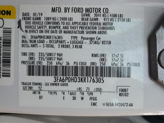 3FA6P0HD3KR176305 - 2019 FORD FUSION SE Blanc photo 12