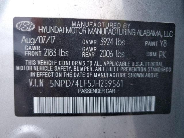 5NPD74LF5JH259561 - 2018 HYUNDAI ELANTRA SE SILVER photo 12