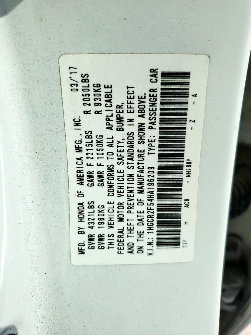 1HGCR2F54HA196209 - 2017 HONDA ACCORD SPORT WHITE photo 12