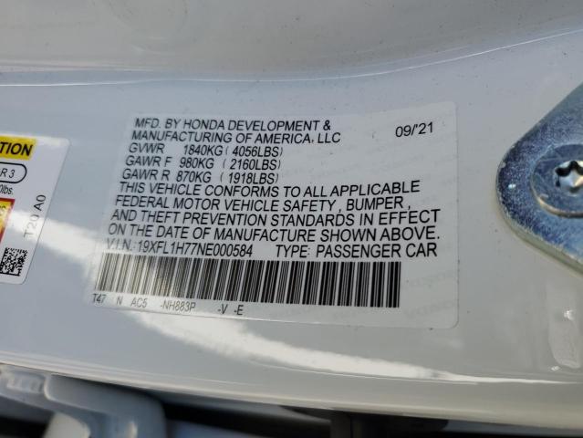 19XFL1H77NE000584 - 2022 HONDA CIVIC EXL WHITE photo 12