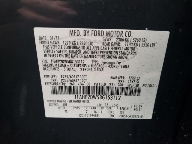 1FAHP2DW5BG153112 - 2011 FORD TAURUS SE BLACK photo 12