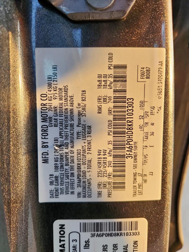 3FA6P0HD8KR103303 - 2019 FORD FUSION SE رمادي صورة 12