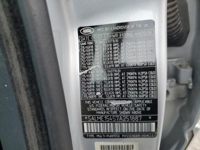 SALME15457A251887 - 2007 LAND ROVER RANGE ROVE HSE SILVER photo 13