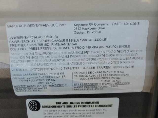4YDT28B21GN207110 - 2016 KEYSTONE TRAILER TAN photo 10