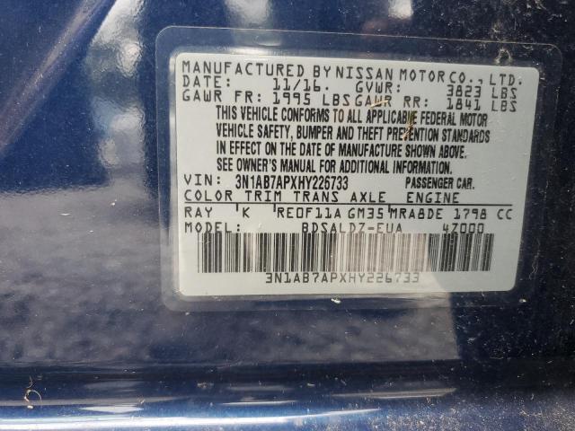 3N1AB7APXHY226733 - 2017 NISSAN SENTRA S BLUE photo 12