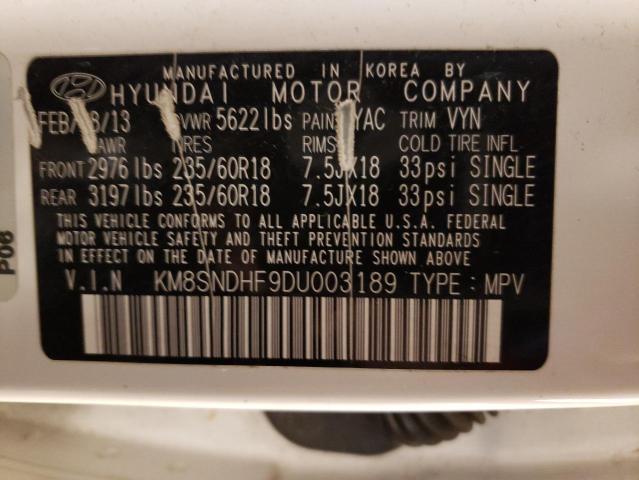 KM8SNDHF9DU003189 - 2013 HYUNDAI SANTA FE GLS WHITE photo 13