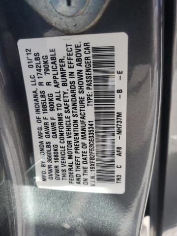 19XFB2F53CE035341 - 2012 HONDA CIVIC LX GRAY photo 13