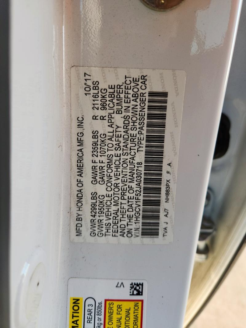 1HGCV1F52JA030718 - 2018 HONDA ACCORD EXL أبيض صورة 12