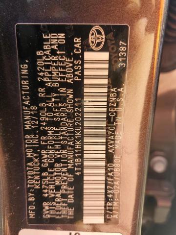 4T1B11HK1KU202211 - 2019 TOYOTA CAMRY L GRAY photo 12