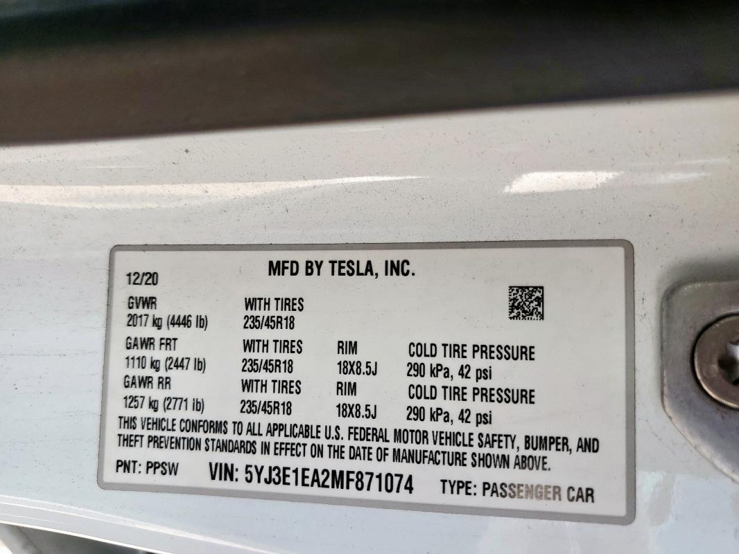 5YJ3E1EA2MF871074 - 2021 TESLA MODEL 3 თეთრი ფოტო 13