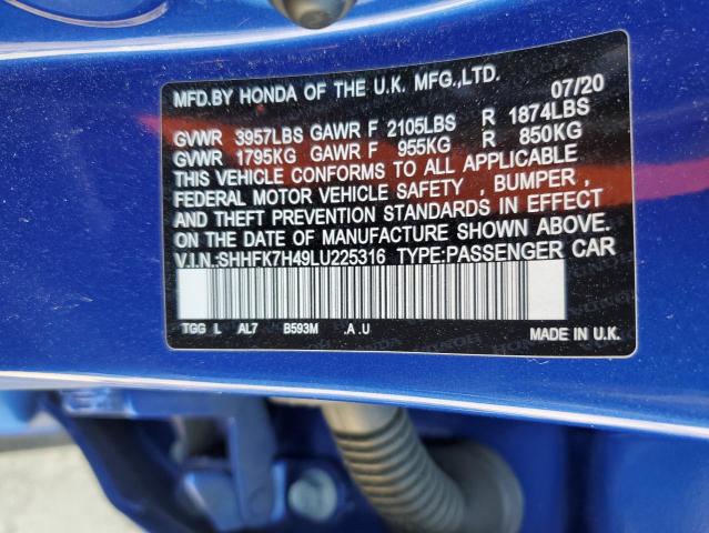 SHHFK7H49LU225316 - 2020 HONDA CIVIC SPORT Mavi foto 12