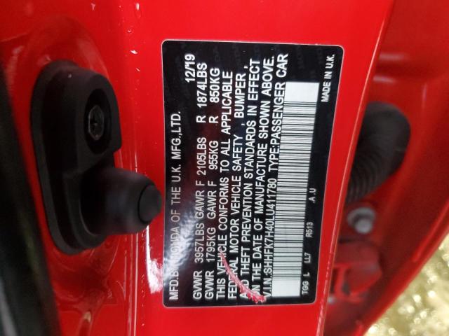 SHHFK7H40LU411780 - 2020 HONDA CIVIC SPORT 红色 照片 12