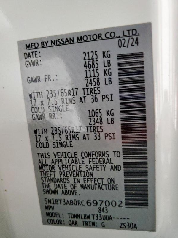 5N1BT3AB0RC697002 - 2024 NISSAN ROGUE S 白色 照片 13