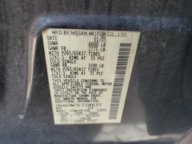 5N1AR18W75C728635 - 2005 NISSAN PATHFINDER LE BLACK photo 13