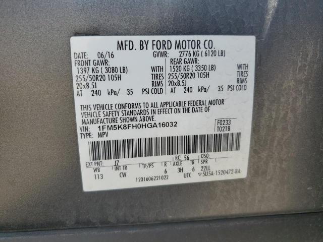 1FM5K8FH0HGA16032 - 2017 FORD EXPLORER LIMITED CHARCOAL photo 14