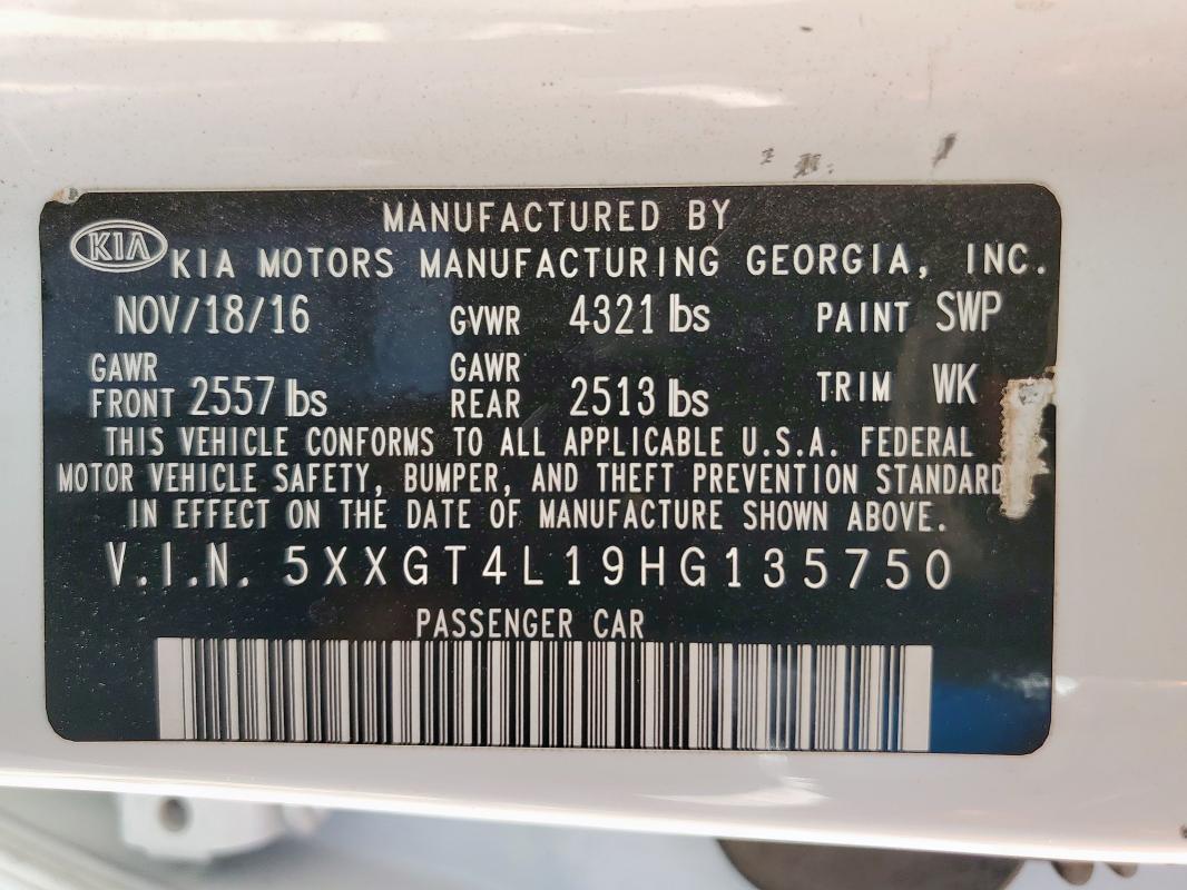 5XXGT4L19HG135750 - 2017 KIA OPTIMA LX WHITE photo 12