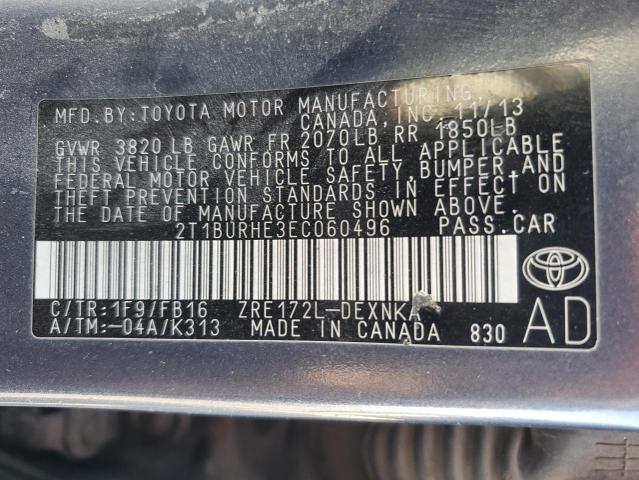 2T1BURHE3EC060496 - 2014 TOYOTA COROLLA L ლურჯი ფოტო 12