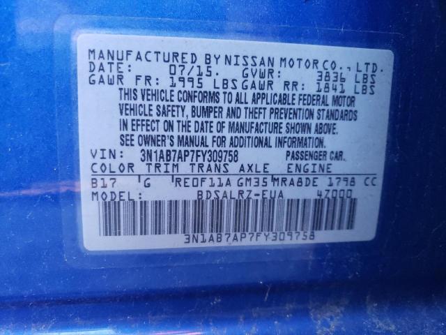 3N1AB7AP7FY309758 - 2015 NISSAN SENTRA S BLUE photo 13