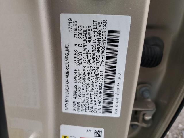 1HGCV1F10KA136101 - 2019 HONDA ACCORD LX GOLD photo 12