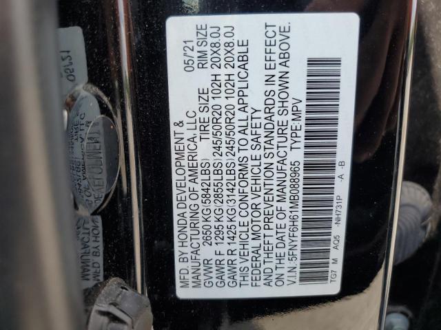 5FNYF6H61MB088965 - 2021 HONDA PILOT TOURING შავი ფოტო 13