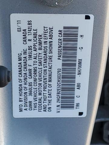 2HGFB2E52CH503793 - 2012 HONDA CIVIC LX SILVER photo 12