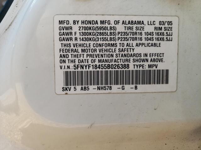 5FNYF18455B026388 - 2005 HONDA PILOT EX WHITE photo 13