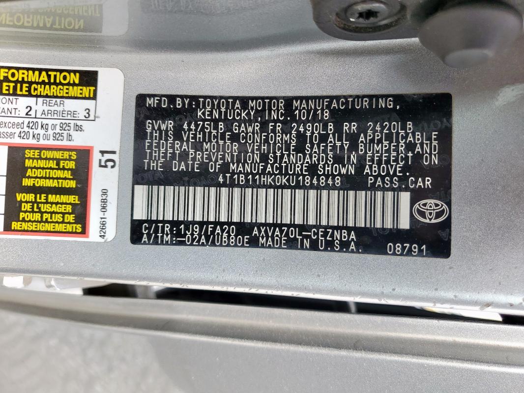 4T1B11HK0KU184848 - 2019 TOYOTA CAMRY L Күміс фото 12