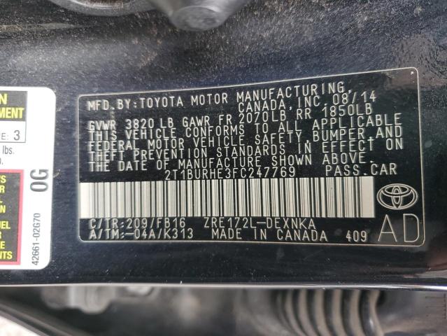 2T1BURHE3FC247769 - 2015 TOYOTA COROLLA L BLACK photo 13