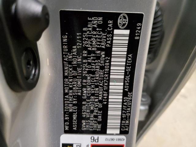 4T4BF1FK7CR180842 - 2012 TOYOTA CAMRY BASE SILVER photo 12