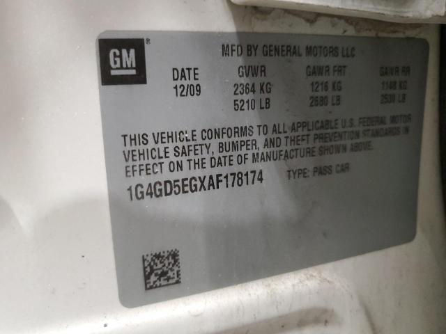 1G4GD5EGXAF178174 - 2010 BUICK LACROSSE CXL 白色 照片 12