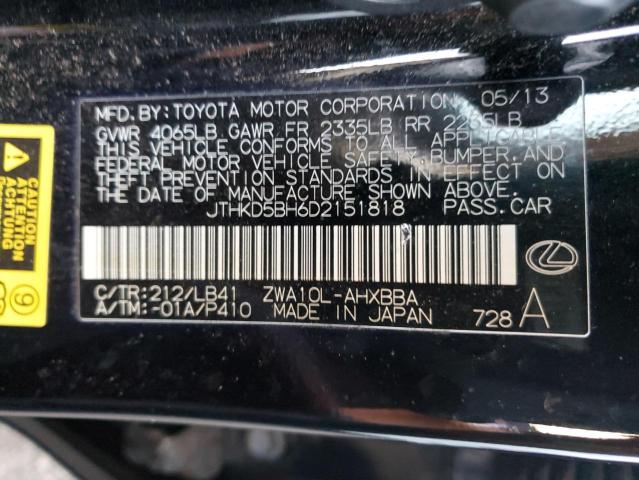 JTHKD5BH6D2151818 - 2013 LEXUS CT 200 BLACK photo 12