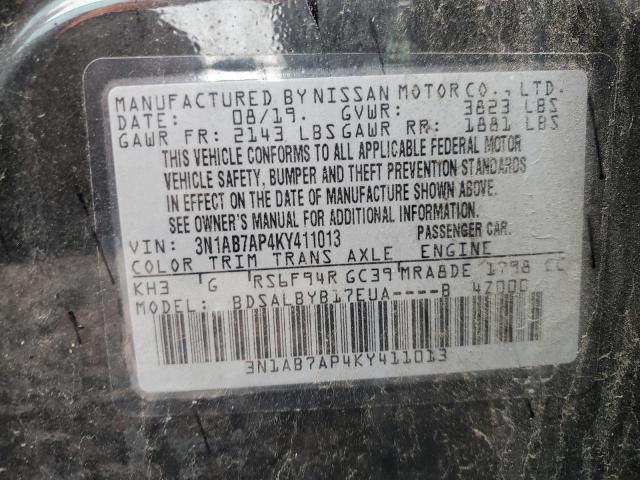 3N1AB7AP4KY411013 - 2019 NISSAN SENTRA S შავი ფოტო 13