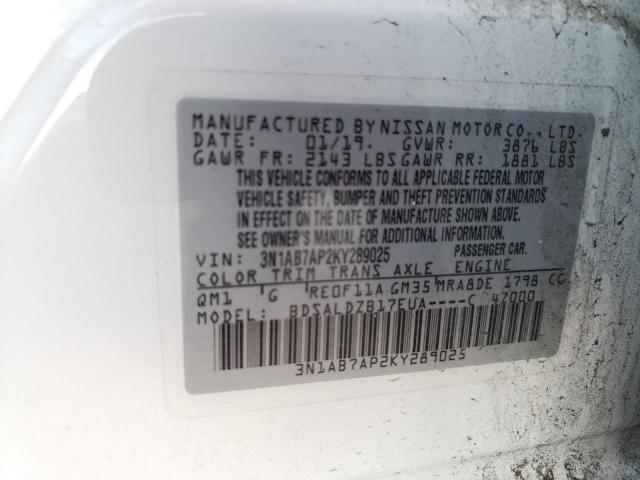 3N1AB7AP2KY289025 - 2019 NISSAN SENTRA S WHITE photo 13