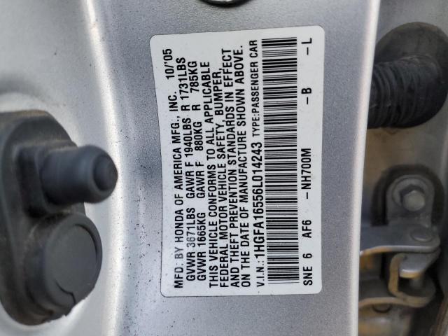 1HGFA16556L014243 - 2006 HONDA CIVIC LX SILVER photo 12