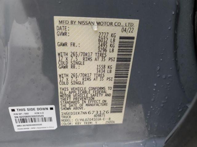 1N6ED1EK7NN673126 - 2022 NISSAN FRONTIER S GRAY photo 12