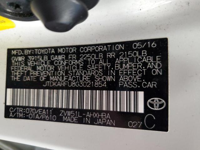 JTDKARFU8G3021854 - 2016 TOYOTA PRIUS WHITE photo 12