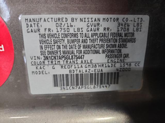 3N1CN7AP5GL875447 - 2016 NISSAN VERSA S GRAY photo 12