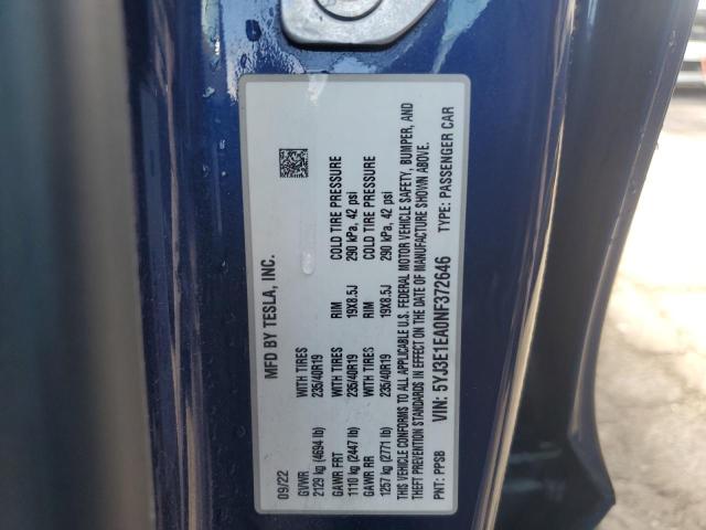 5YJ3E1EA0NF372646 - 2022 TESLA MODEL 3 BLUE photo 12