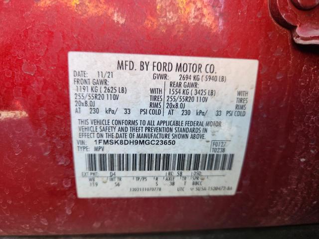 1FMSK8DH9MGC23650 - 2021 FORD EXPLORER XLT Rouge photo 13