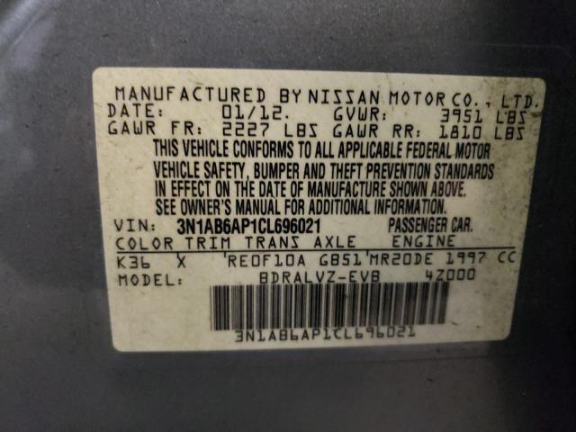 3N1AB6AP1CL696021 - 2012 NISSAN SENTRA 2.0 SILVER photo 12