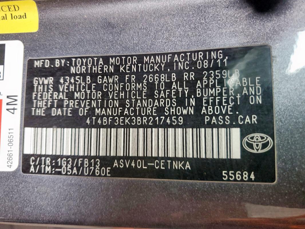 4T4BF3EK3BR217459 - 2011 TOYOTA CAMRY BASE CHARCOAL photo 12