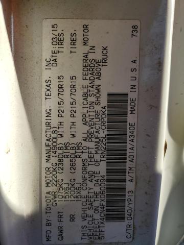 5TFTX4CN4FX060094 - 2015 TOYOTA TACOMA ACCESS CAB أبيض صورة 12