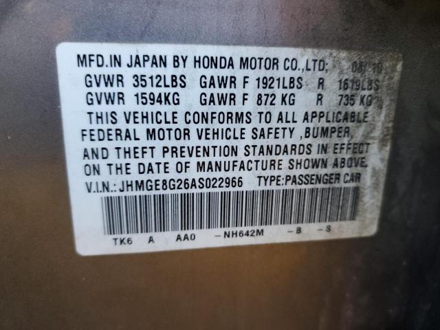 JHMGE8G26AS022966 - 2010 HONDA FIT SILVER photo 12