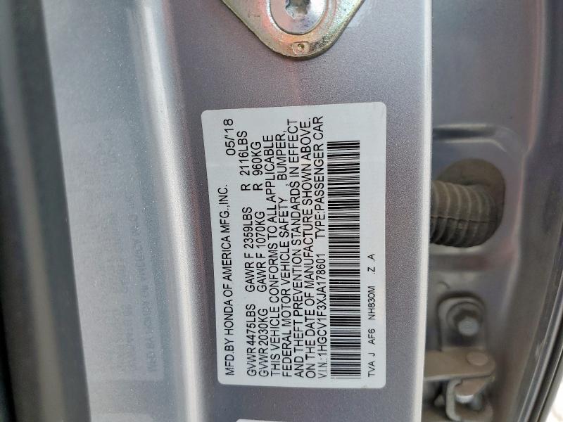 1HGCV1F3XJA178601 - 2018 HOND ACCORD SPORT 银色 照片 12