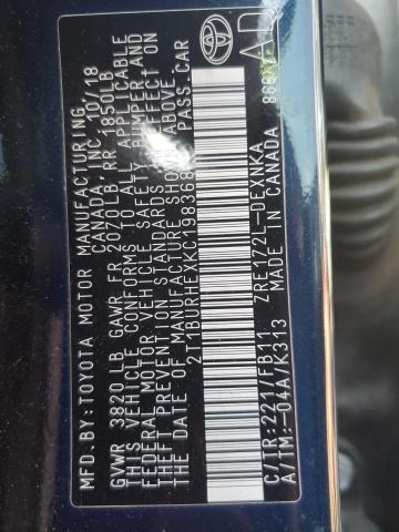 2T1BURHEXKC198368 - 2019 TOYOTA COROLLA L BLUE photo 12