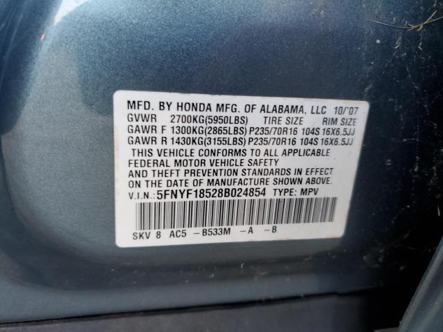 5FNYF18528B024854 - 2008 HONDA PILOT EXL BLUE photo 12