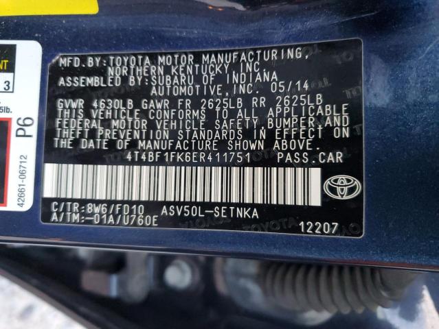 4T4BF1FK6ER411751 - 2014 TOYOTA CAMRY L BLUE photo 13