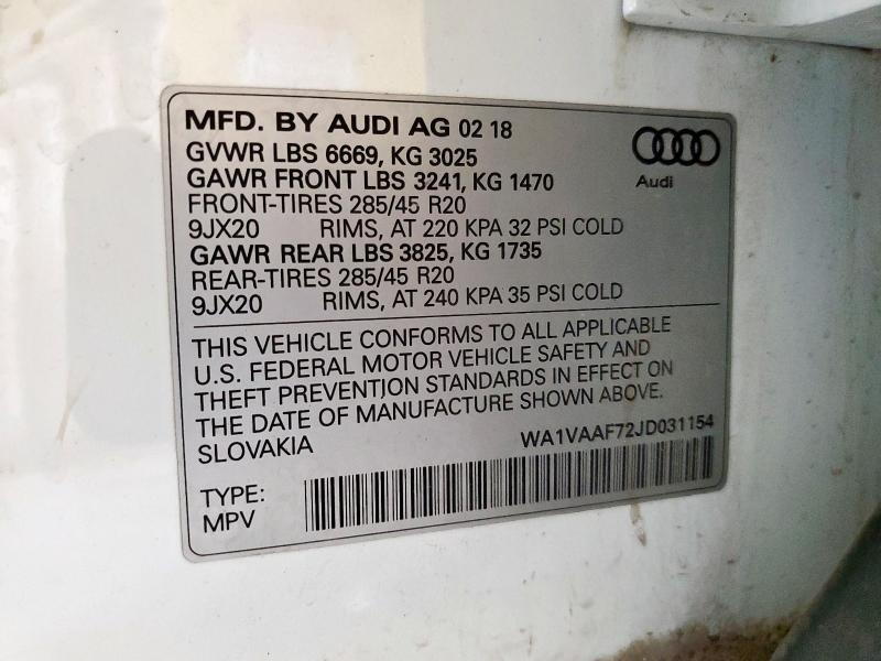 WA1VAAF72JD031154 - 2018 AUDI Q7 PRESTIGE Blanco foto 13