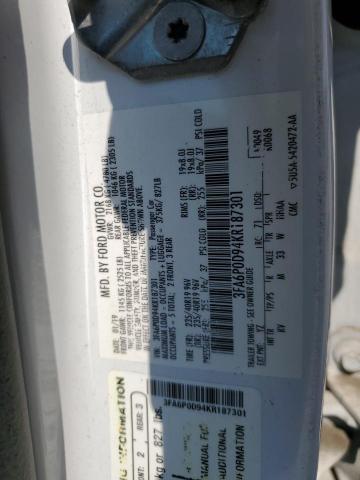 3FA6P0D94KR187301 - 2019 FORD FUSION TITANIUM 白色 照片 12