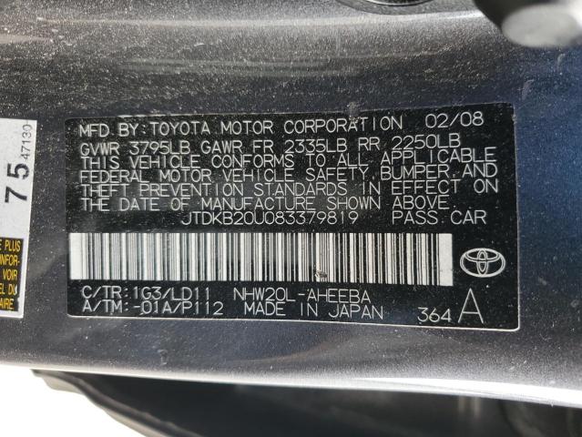 JTDKB20U083379819 - 2008 TOYOTA PRIUS GRAY photo 12